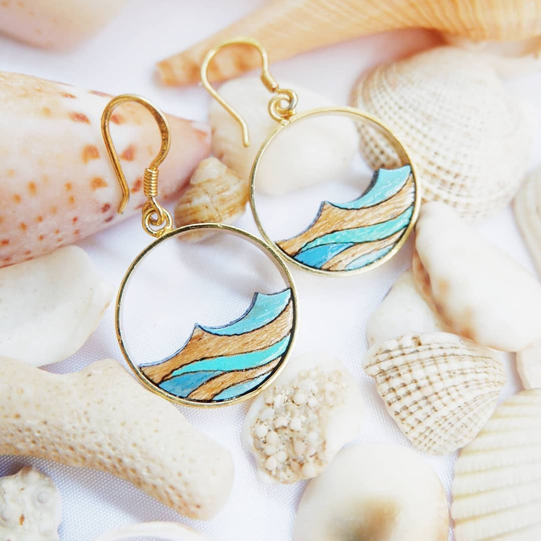 Ocean Eco-friendly Recycled Wood Gold Earrings-3