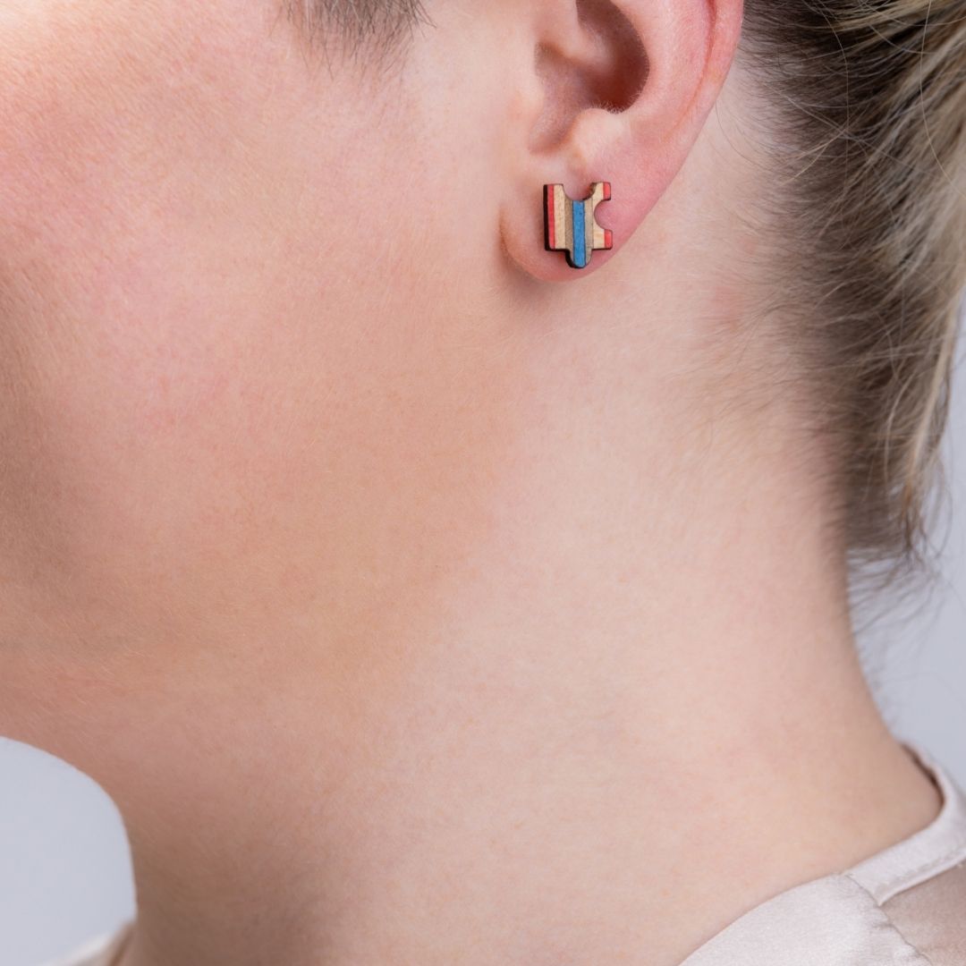 Jigsaw Recycled Skateboard Stud Earrings-1
