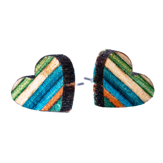 Love Heart Recycled Skateboard Wooden Stud Earrings-0