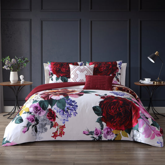 Bebejan Magenta Floral 5 Piece Reversible Comforter Set-0