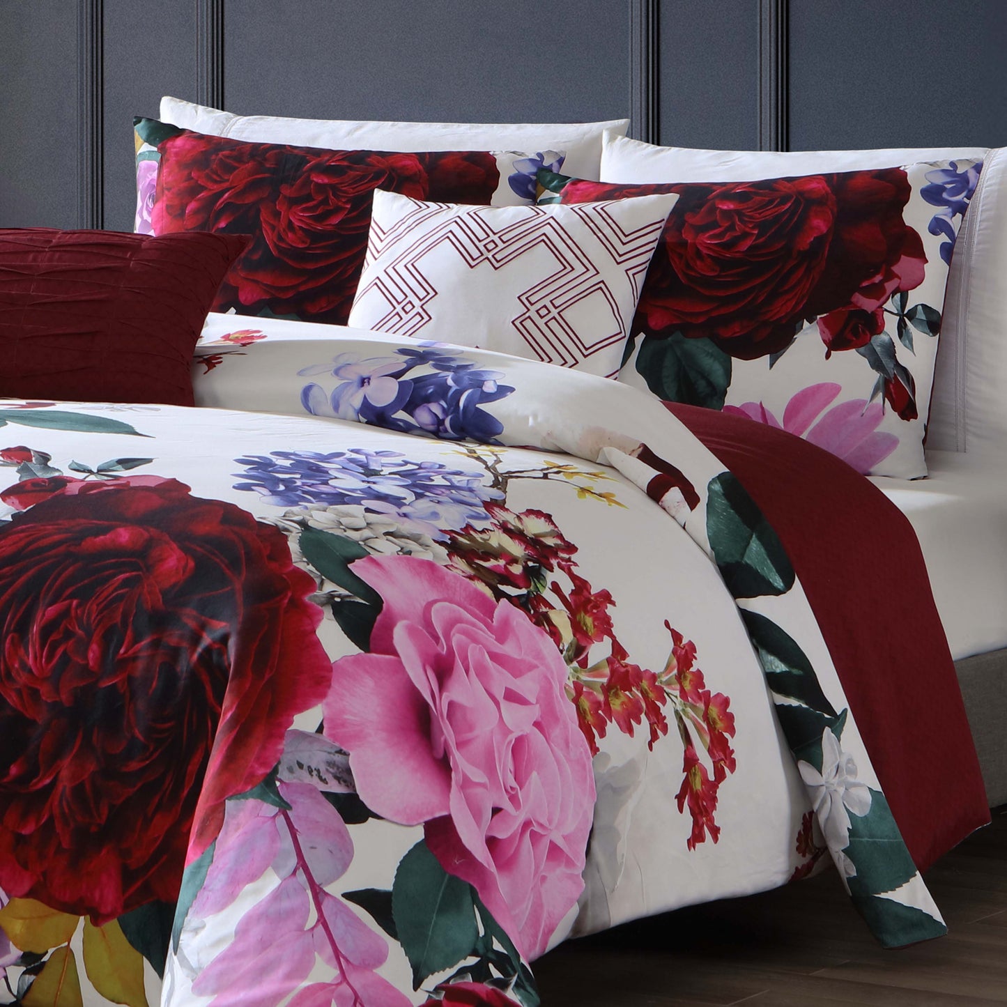 Bebejan Magenta Floral 5 Piece Reversible Comforter Set-2