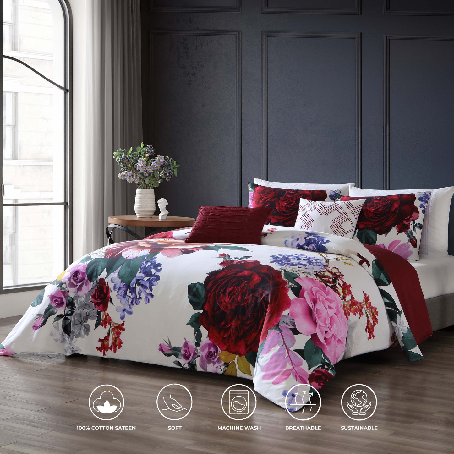 Bebejan Magenta Floral 5 Piece Reversible Comforter Set-1