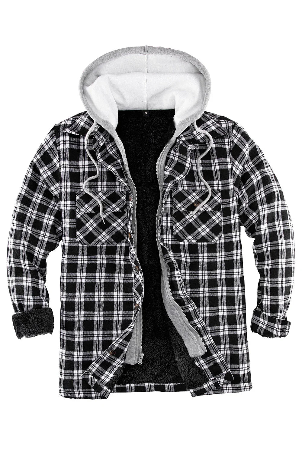 Men's Fuzzy Sherpa Lined Zip Up Plaid Flannel Shirt Jacket with Hood-6