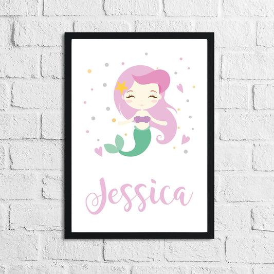Personalised Name Mermaid Kids Children's Room Wall Decor Print-0