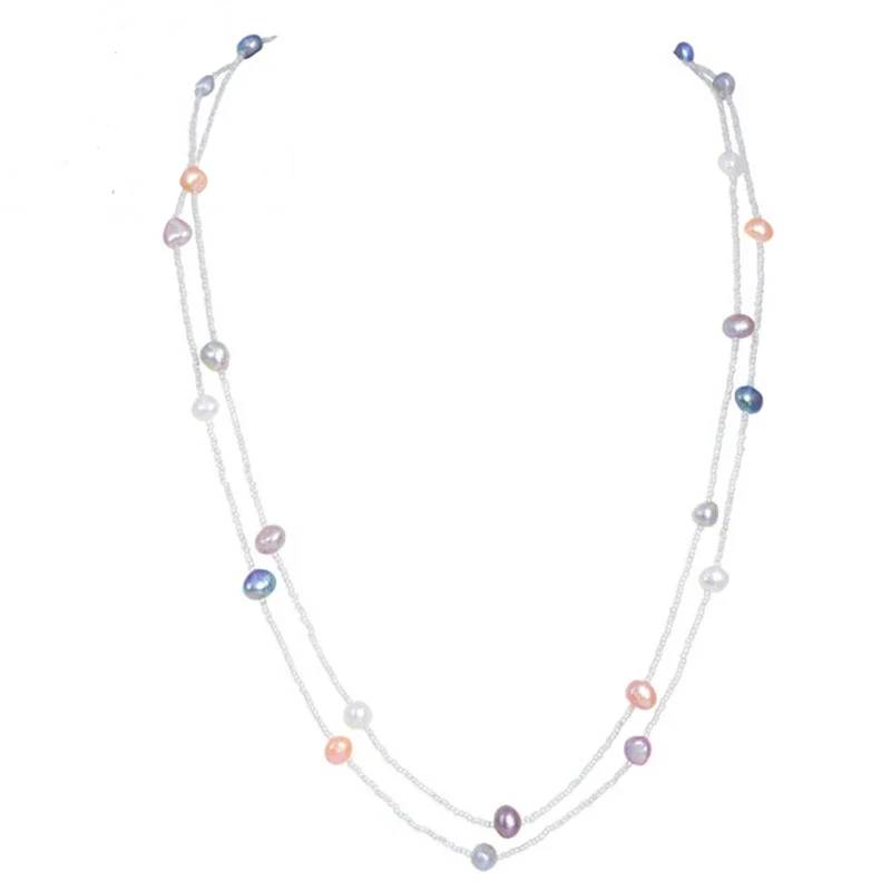 ASHIQI 120CM Long Multi Color Baroque Fresh water Pearl Necklace, Crystal Beads Necklace , 925 Sterling Silver Clasp-0