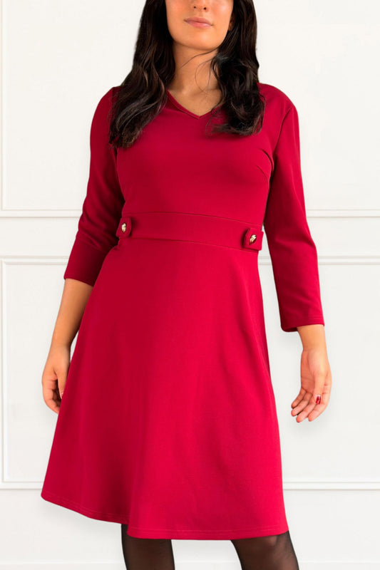 Nathalie A-Line Dress V-Neckline Structured Fit Gold Button Detail-0