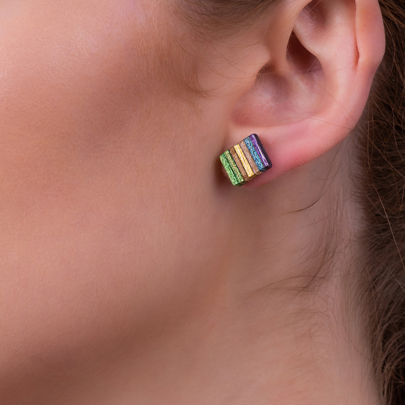 Square Recycled Skateboard Wood Stud Earrings-1