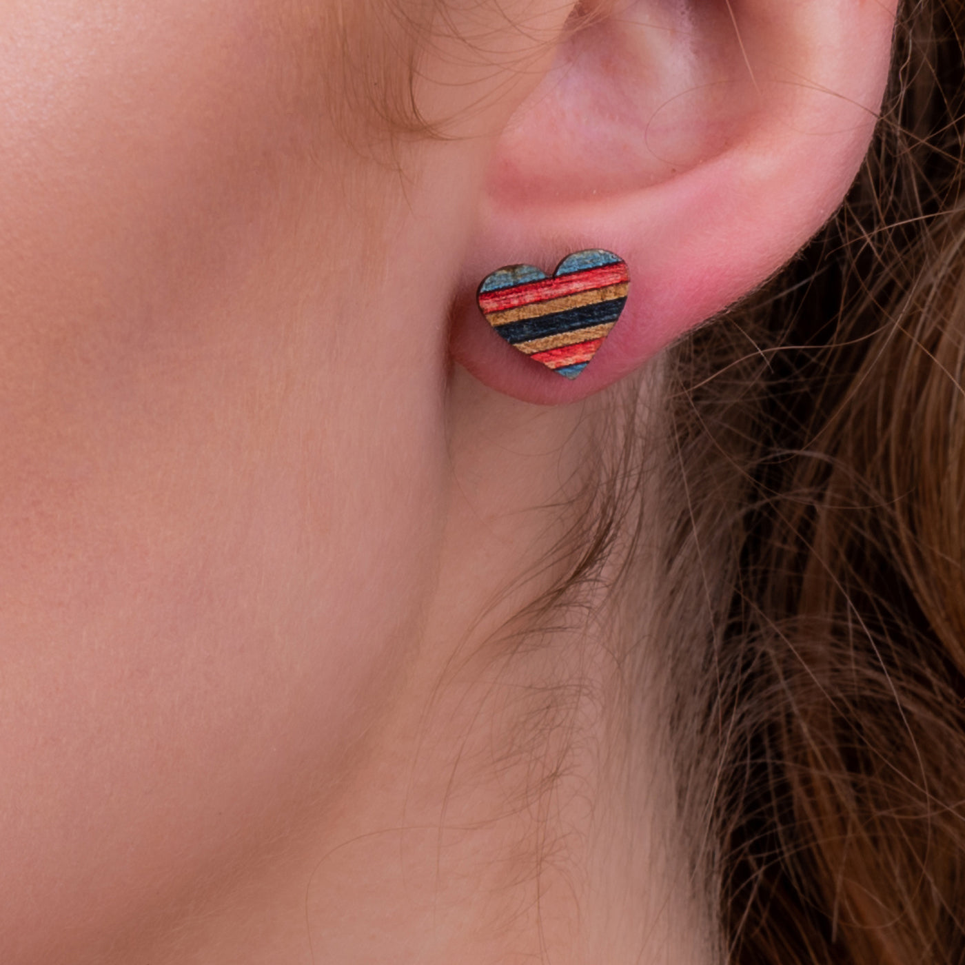 Love Heart Recycled Skateboard Wooden Stud Earrings-1