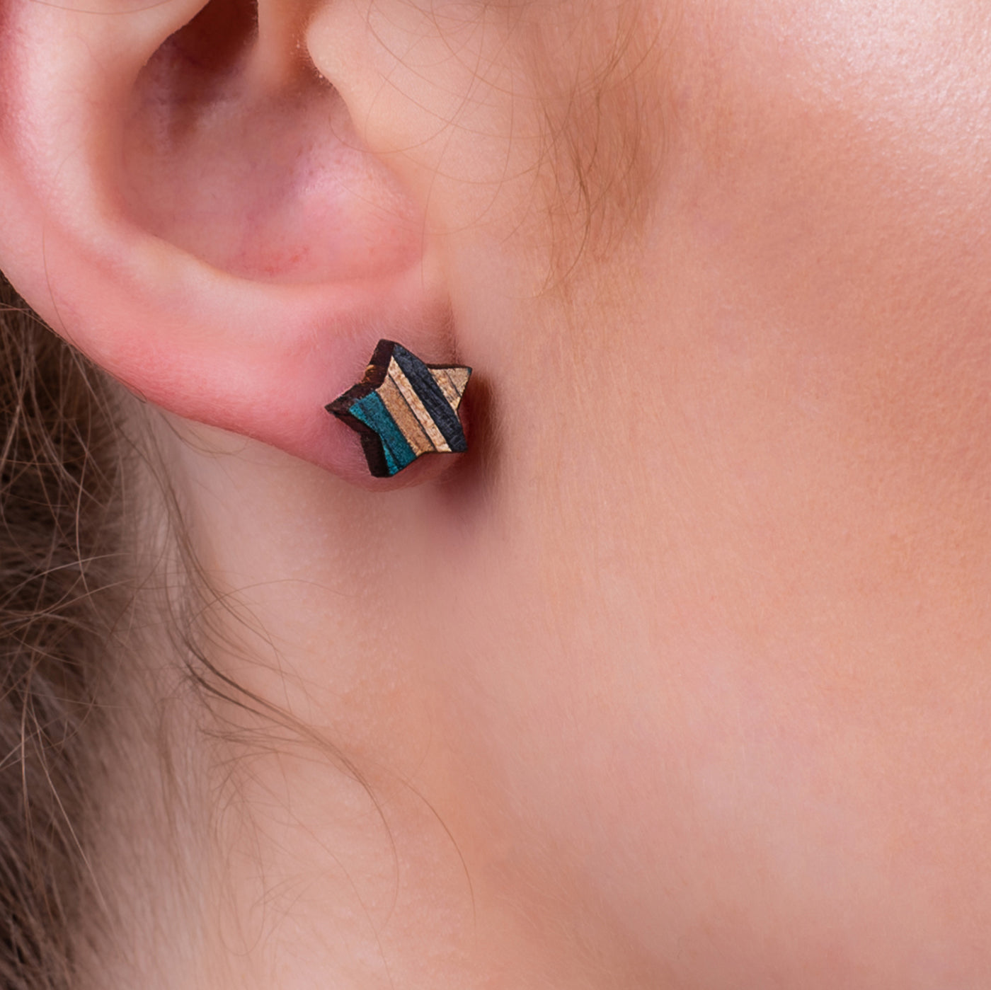 Star Recycled Skateboard Wooden Stud Earrings-1