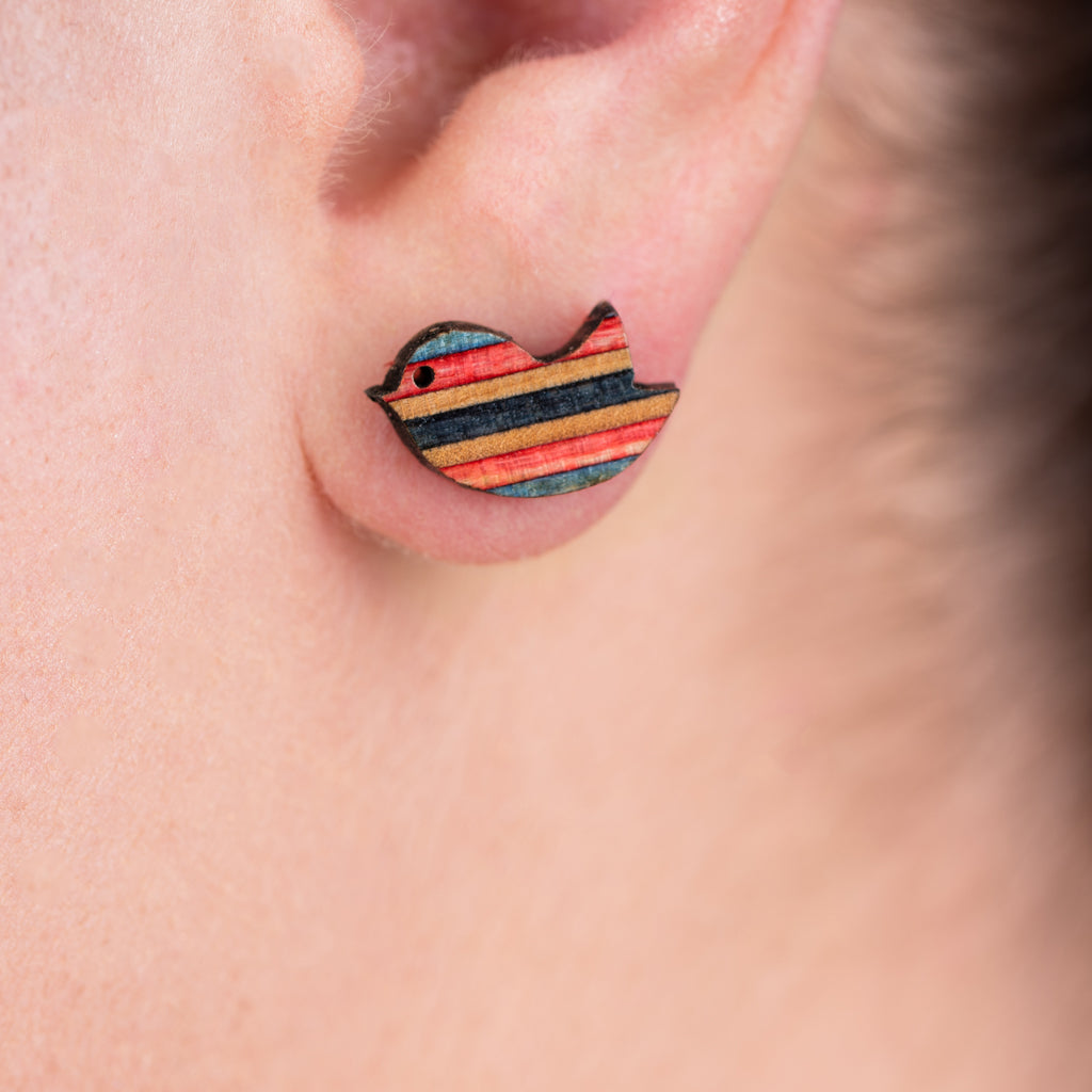 Robin Little Bird Recycled Skateboard Stud Earrings-1