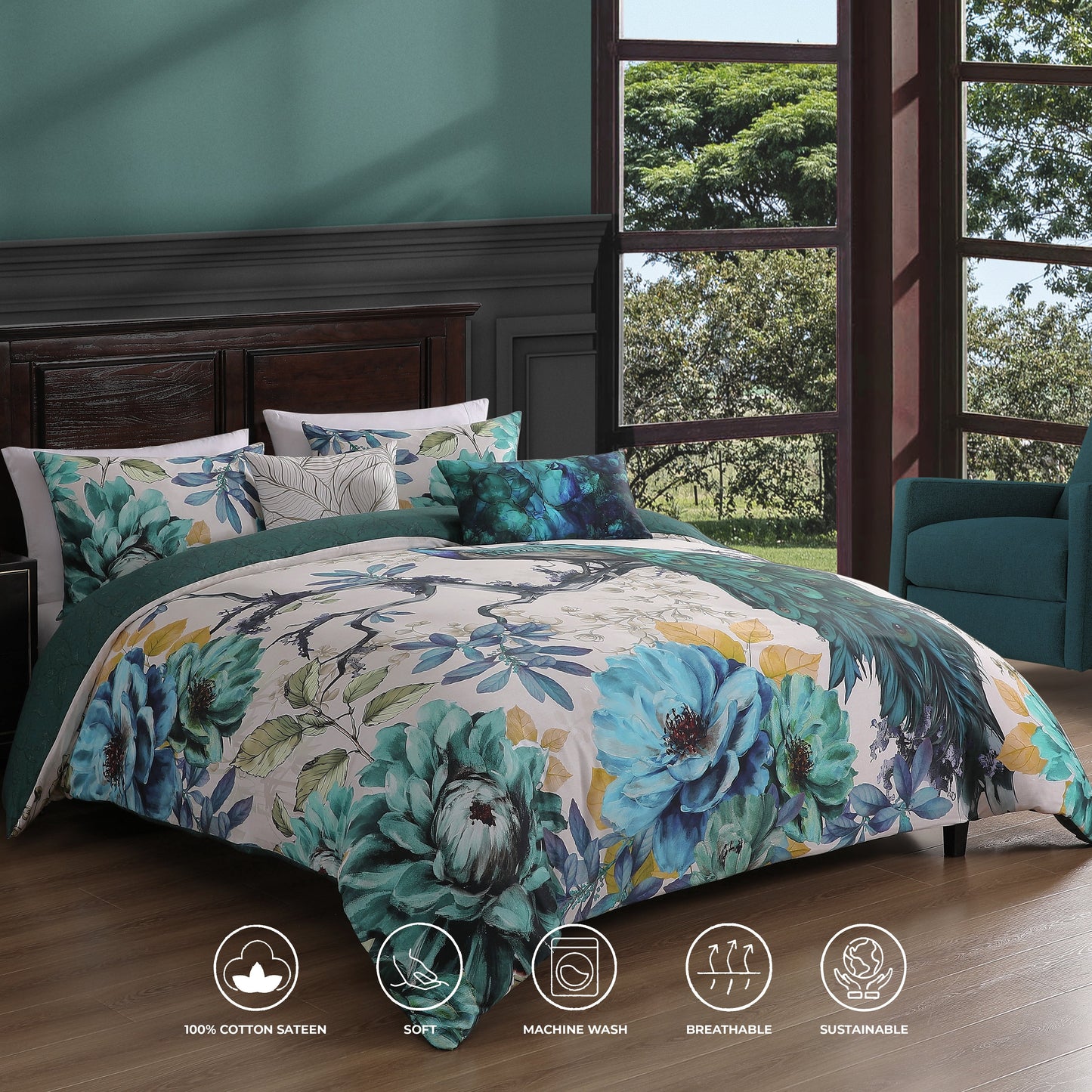 Bebejan Peacock Jardin 5 Piece Reversible Comforter Set-1