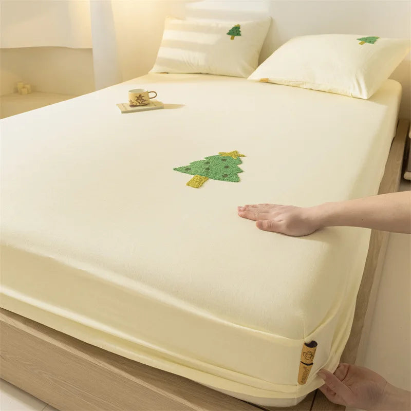 100% Cotton Cartoon Towel Embroidered Fitted Sheet A-Class Single Bed Cover for All Seasons Anti-Slip Mattress Protective Cover