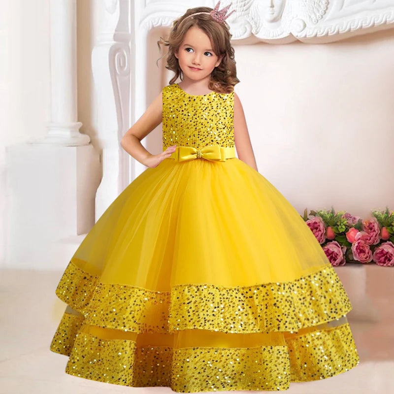 Children's Sequins Bowknot Princess Dress Girls' Fashion Pearl Cake Long Dress Christmas Banquet Host Show Dress