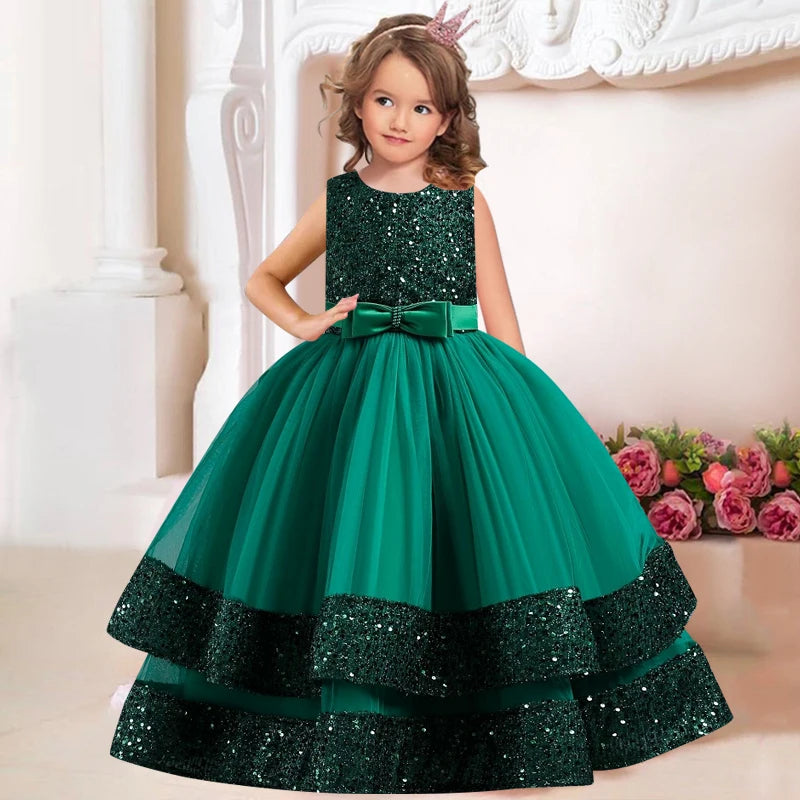 Children's Sequins Bowknot Princess Dress Girls' Fashion Pearl Cake Long Dress Christmas Banquet Host Show Dress