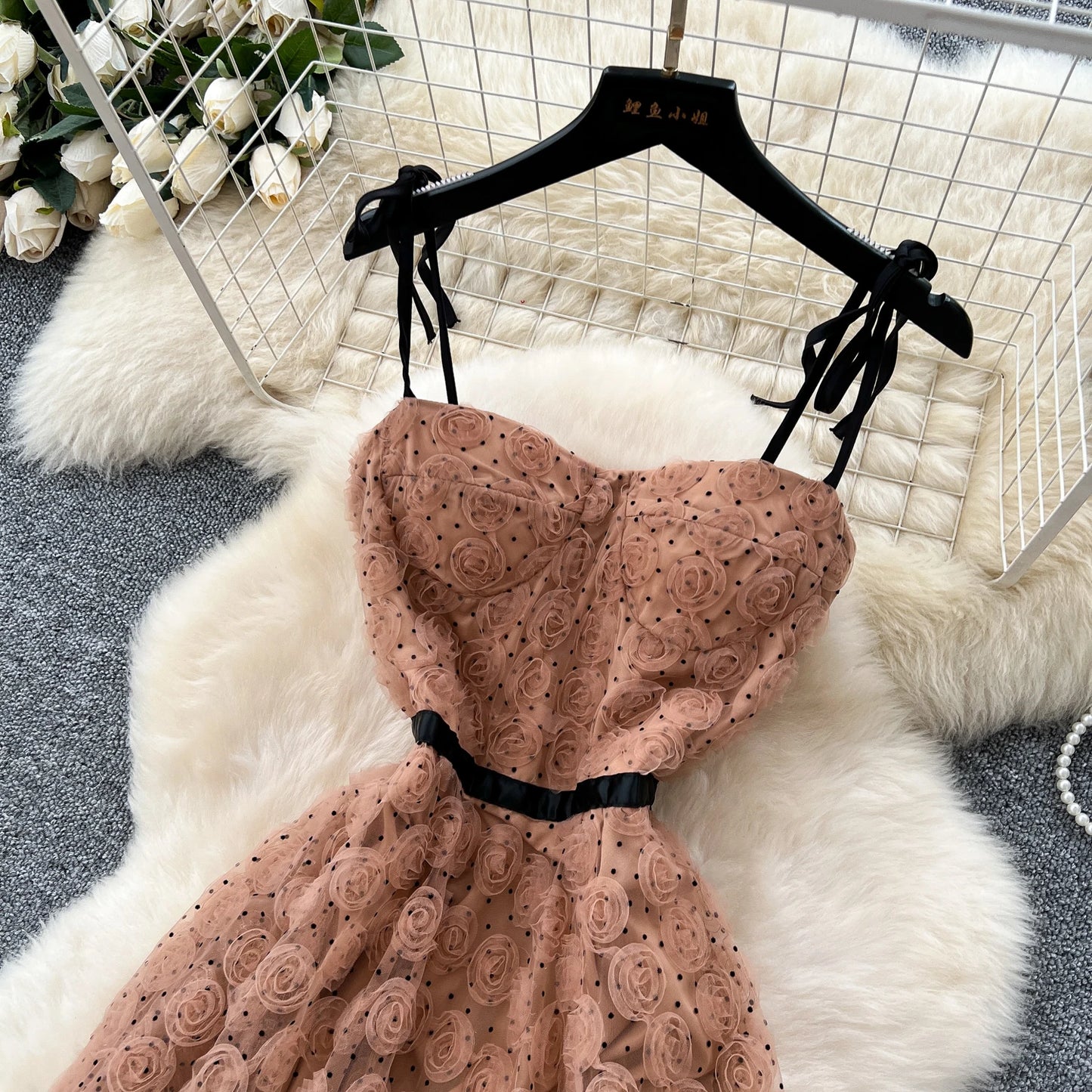 SINGREINY 3D Roses Mesh Straps Dress Polka Dots Backless Zipper Irregular Sundress Women French Senior Chic Evening Long Dress