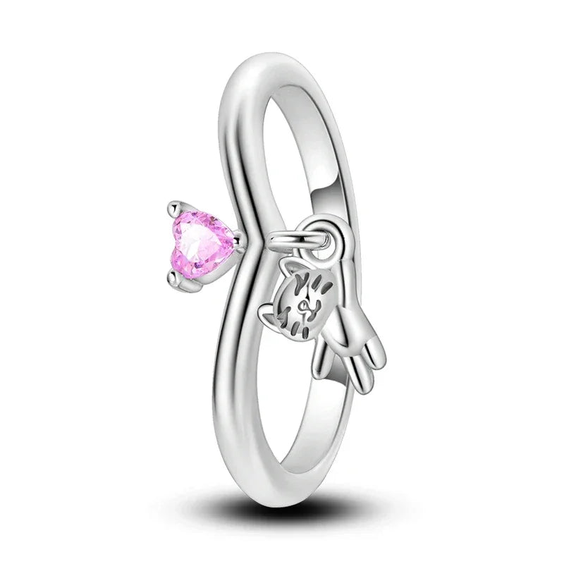 Playful Cat Heart Sterling Silver Ring