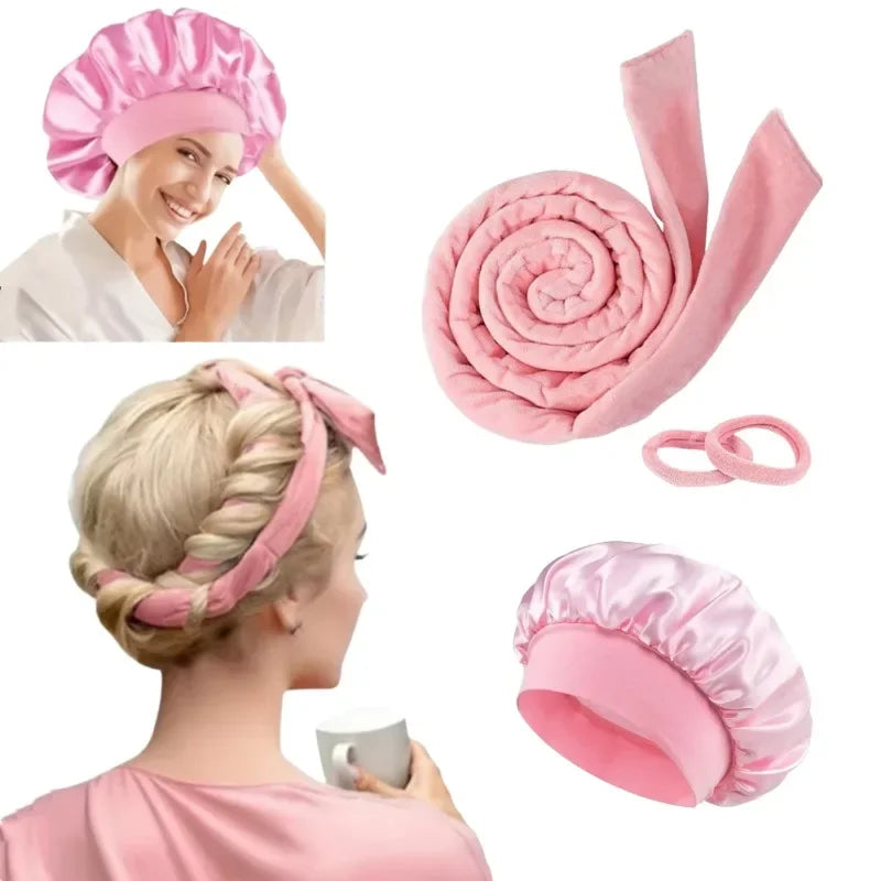 No Heat Hair Curler And Satin Sleeping Cap Set Heatless Hair Curling Headband Hair Claw Clip Hairs Rings Soft Sleeping Hat Salon