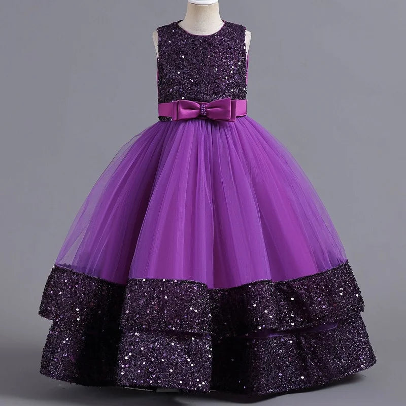 Children's Sequins Bowknot Princess Dress Girls' Fashion Pearl Cake Long Dress Christmas Banquet Host Show Dress