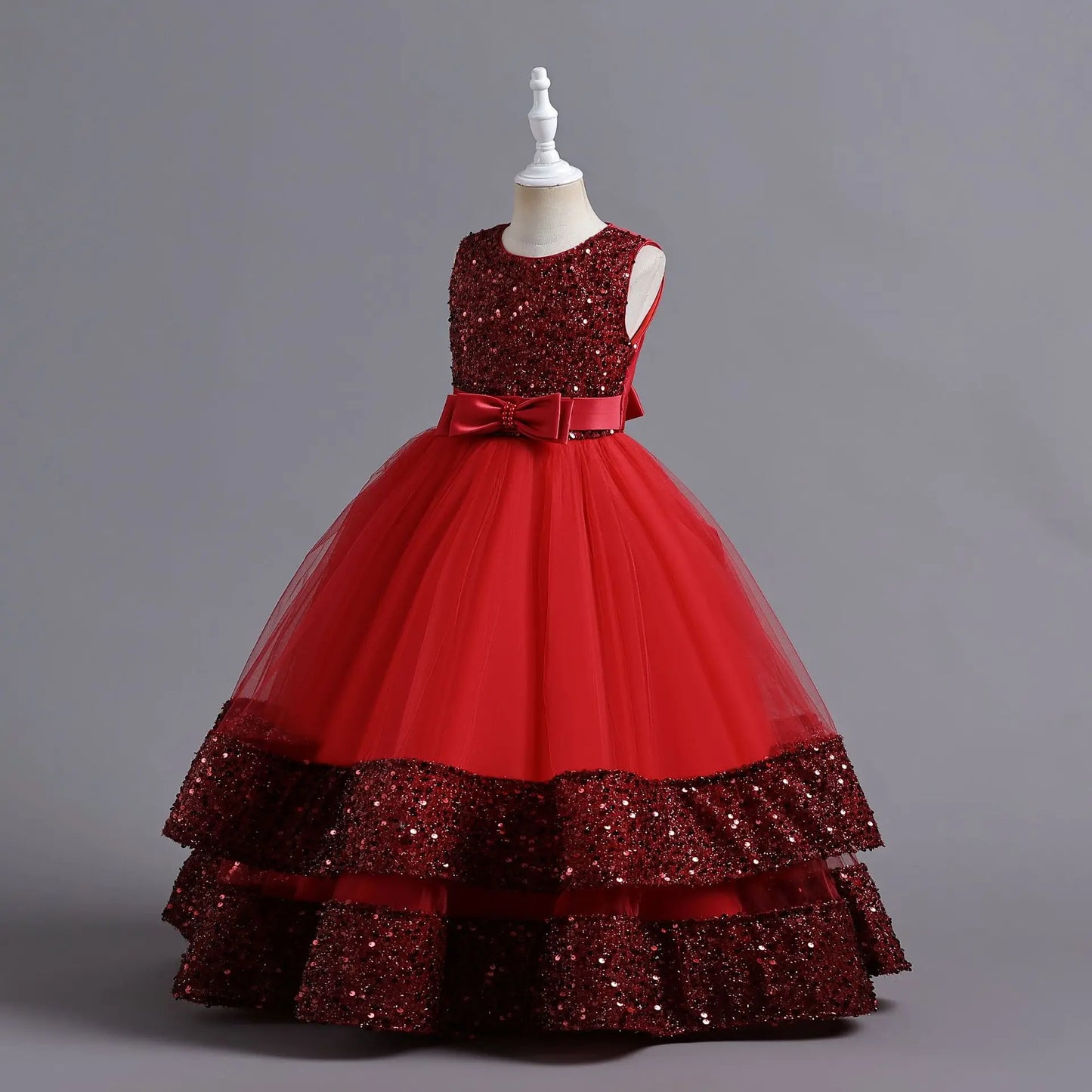Children's Sequins Bowknot Princess Dress Girls' Fashion Pearl Cake Long Dress Christmas Banquet Host Show Dress