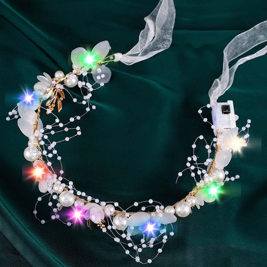 Light Up White Wedding Headbands LED Pearl Flower Princess Headpiece Leaves Hairband Bridal Wedding for Women Girl