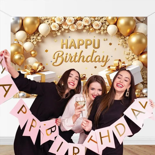 Golden Birthday Party Background Polyester Celebrate Banner Poster Balloon Flower Photography Backdrops Wedding Birthday
