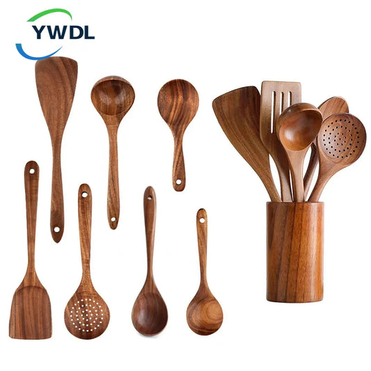 YWDL Natural Teak Cooking Spoon Scoop Kitchen Wooden Spatula Non-stick Utensils Set For Cooking With Hanging Hooks Cookware Tool