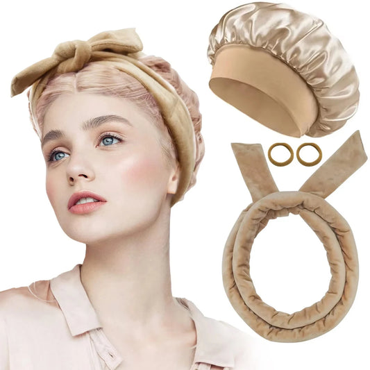 No Heat Hair Curler And Satin Sleeping Cap Set Heatless Hair Curling Headband Hair Claw Clip Hairs Rings Soft Sleeping Hat Salon
