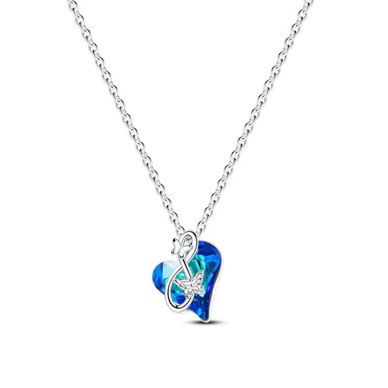 925 Sterling Silver Blue Crystal Heart & Butterfly Necklace