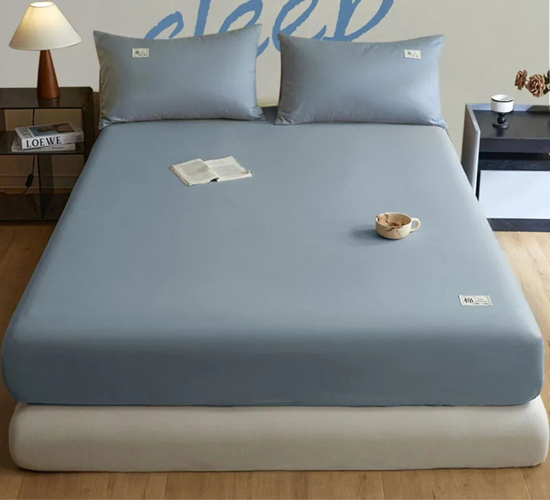 Pure Cotton Solid Anti-Slip Fitted Sheet European Skin-Friendly Mattress Protector for Bedroom Soft Dust Cover for All Seasons