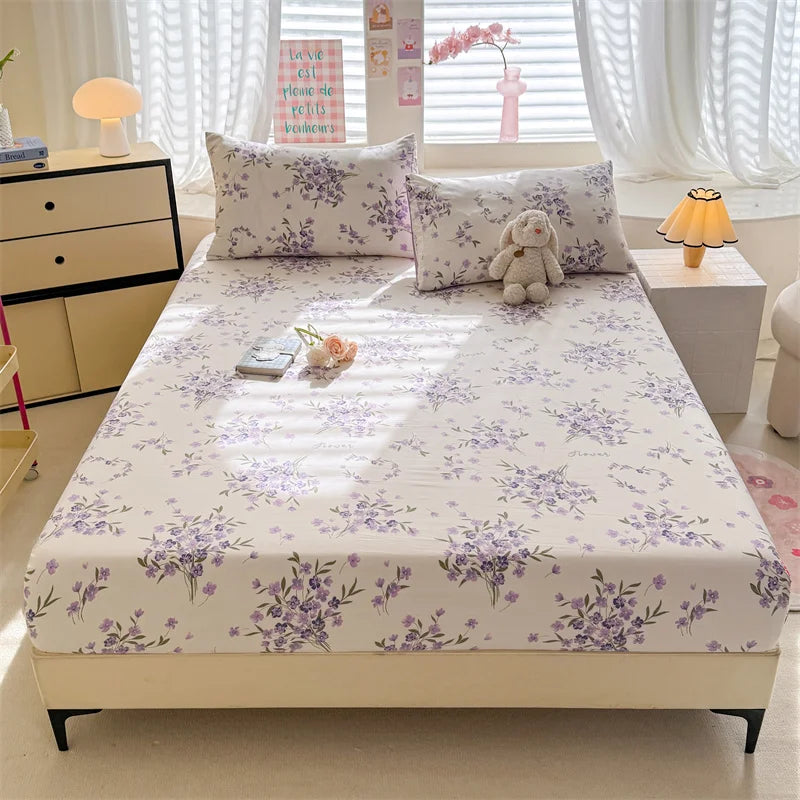 1pc Floral Fitted Bed Sheet Flower Printed Washed Cotton Bed Sheet with Elastic Single/Queen/King Size Bed Fitted Sheets