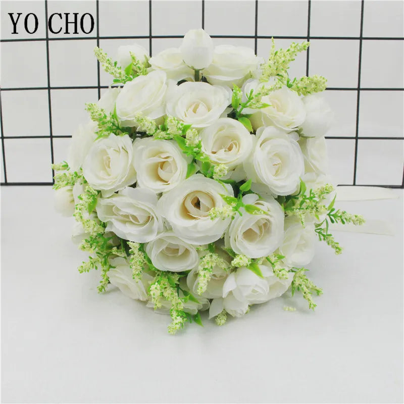 Bridal Bridesmaid Wedding Bouquet White Pink Champagne Artificial Rose Bride Holding Flowers Mariage Decor Wedding Accessories