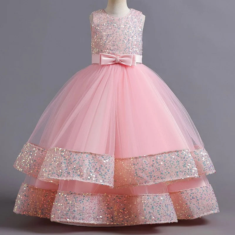 Children's Sequins Bowknot Princess Dress Girls' Fashion Pearl Cake Long Dress Christmas Banquet Host Show Dress