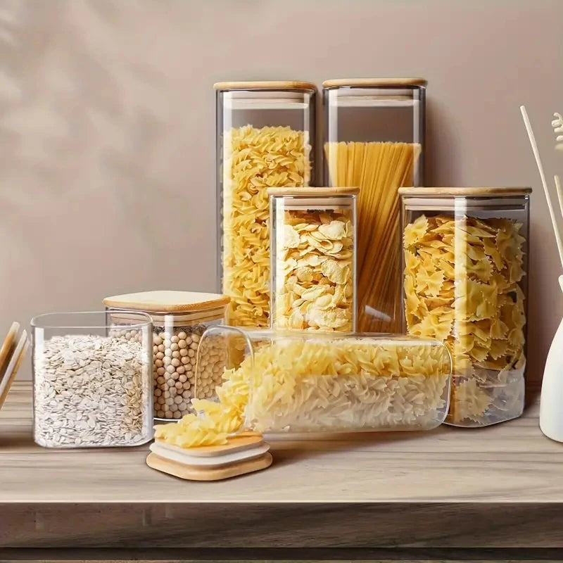 2/4 Pieces, 540Ml/1000Ml Glass Food Storage Jar with Bamboo Lid, Transparent Square Sealed Kitchen Storage Container Set, Stackable Glass Food Storage Jar for Kitchen Counters, Candies, Biscuits, Rice, Cereals
