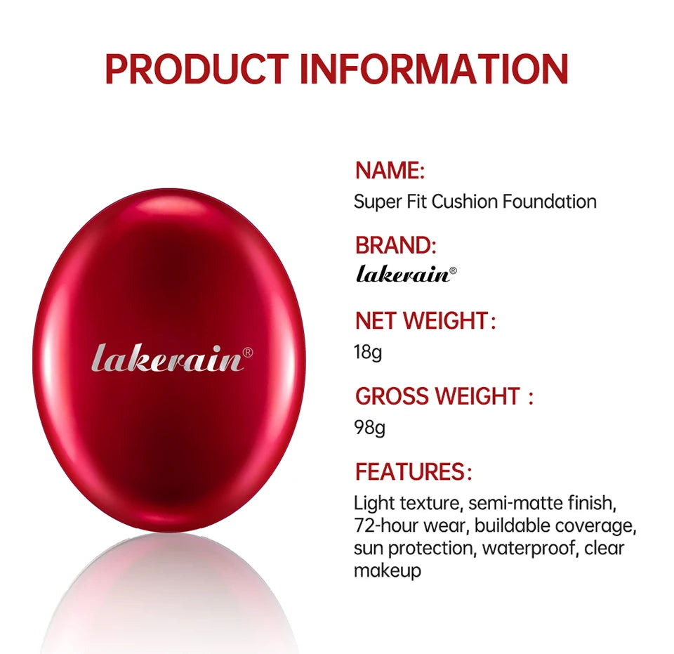 Cushion Foundation Refill Waterproof Semi-Matte Red Finish 72-Hour Wear Long-Lasting Buildable Coverage Sun Protection Makeup