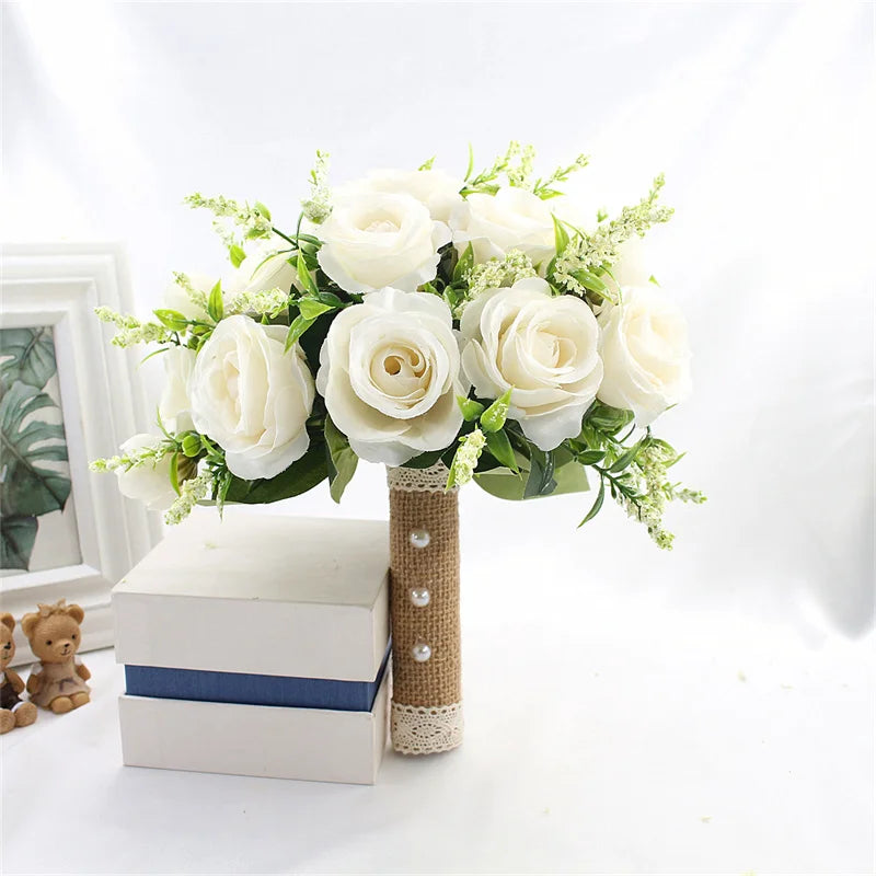 Bridal Bridesmaid Wedding Bouquet White Pink Champagne Artificial Rose Bride Holding Flowers Mariage Decor Wedding Accessories