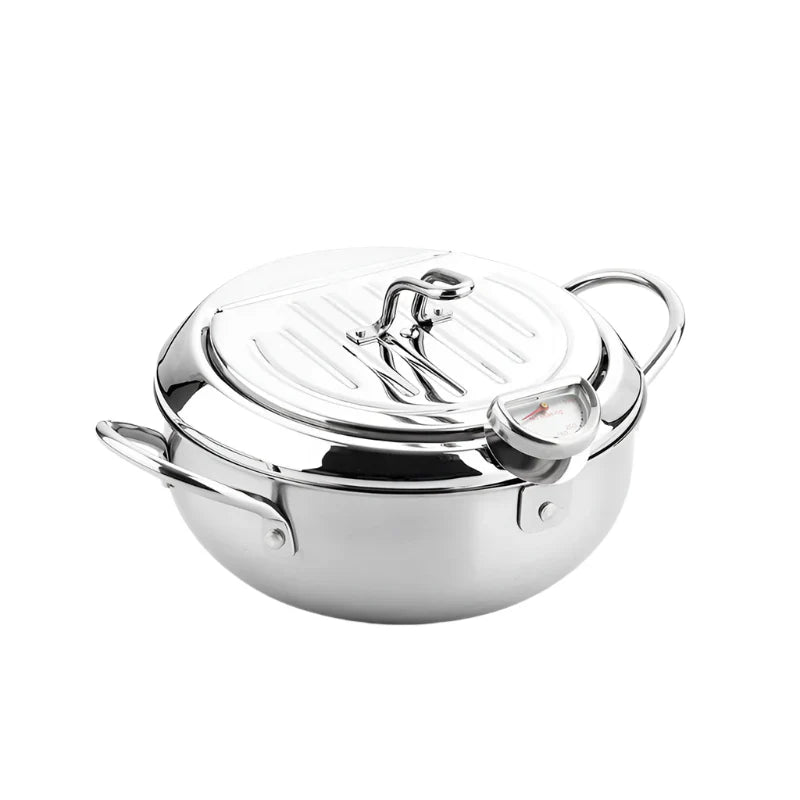 24cm Deep Frying Pot with Thermometer and Lid Silver-0
