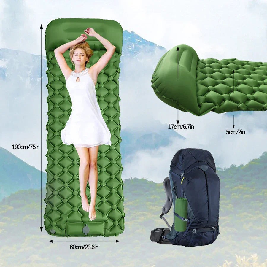 Inflatable Camping Mattress with Pillow  Built-In Pump Air Green-2