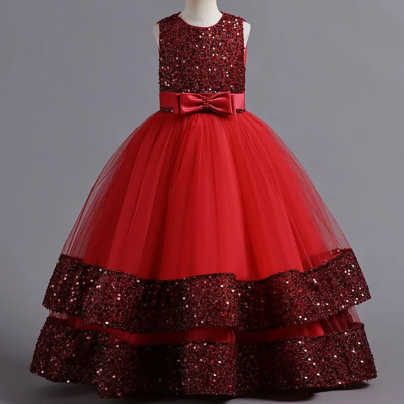 Children's Sequins Bowknot Princess Dress Girls' Fashion Pearl Cake Long Dress Christmas Banquet Host Show Dress