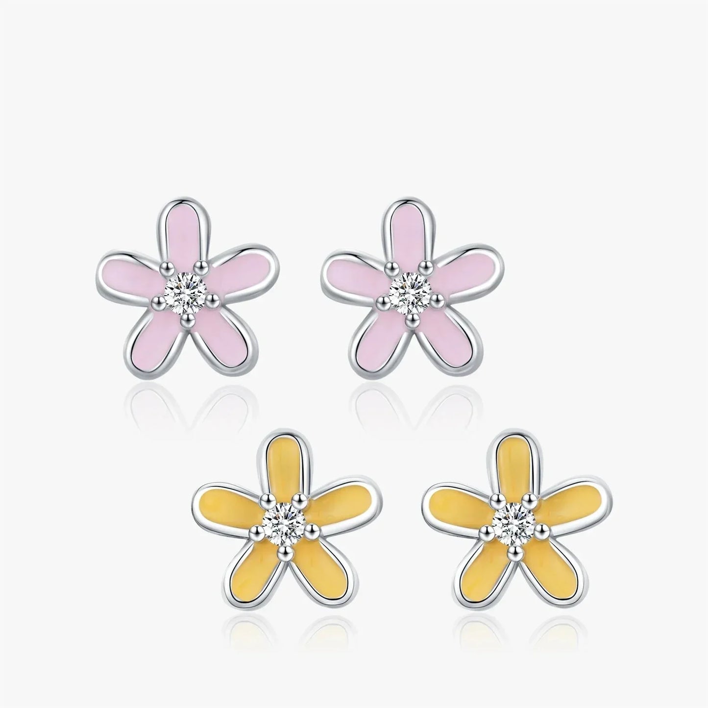 925 Sterling Silver Colorful Enamel Flower Stud Earrings - Minimalist & Cute