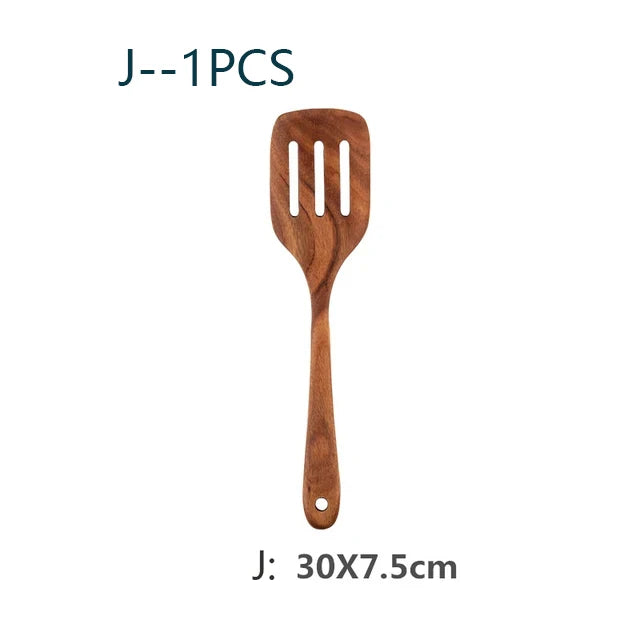 YWDL Natural Teak Cooking Spoon Scoop Kitchen Wooden Spatula Non-stick Utensils Set For Cooking With Hanging Hooks Cookware Tool
