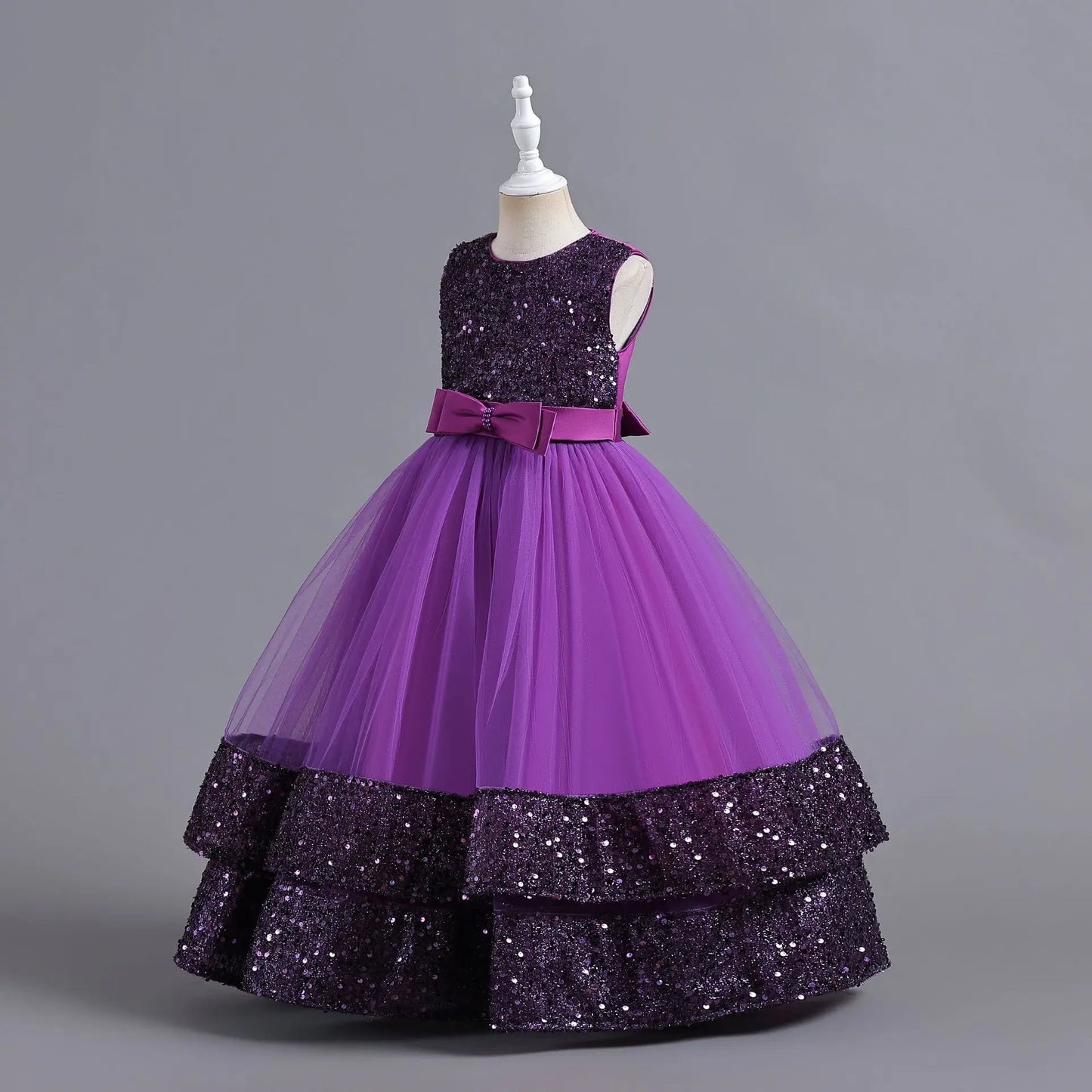 Children's Sequins Bowknot Princess Dress Girls' Fashion Pearl Cake Long Dress Christmas Banquet Host Show Dress
