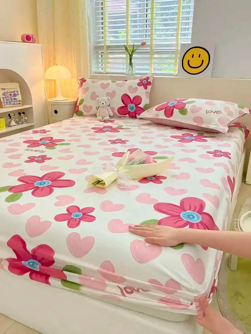 100% Cotton Floral Fitted Sheet Set - Includes Pillowcase, Single/Queen/King Size Mattress Covers(Breathable)