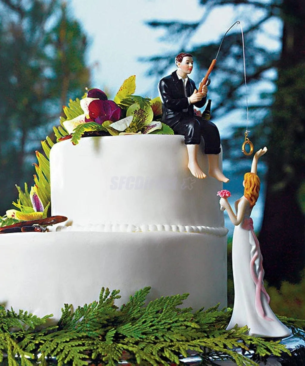 Hooked on Love Fishing Groom Catching Bride Funny Wedding Cake Topper Decor