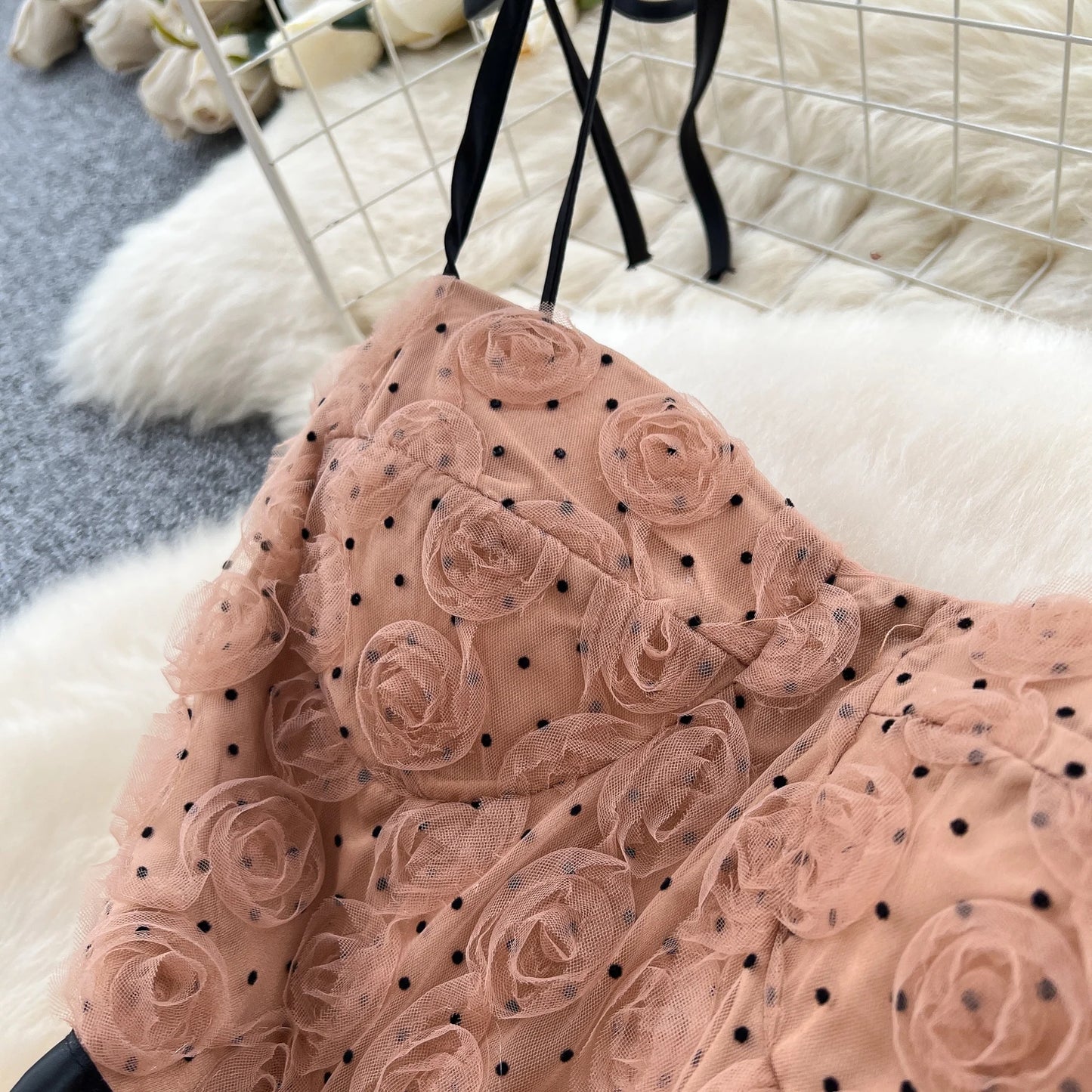 SINGREINY 3D Roses Mesh Straps Dress Polka Dots Backless Zipper Irregular Sundress Women French Senior Chic Evening Long Dress