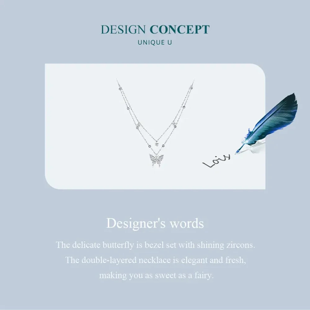 925 Sterling Silver Double-layer Tassel Butterfly Pendant Necklace for Women - Elegant Fine jewelry