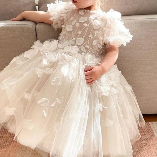 Stylish Flower Girls Dress for Wedding Short Sleeves White Birthday Party Dress Tulle Floral Princess First Communion Ball Gown