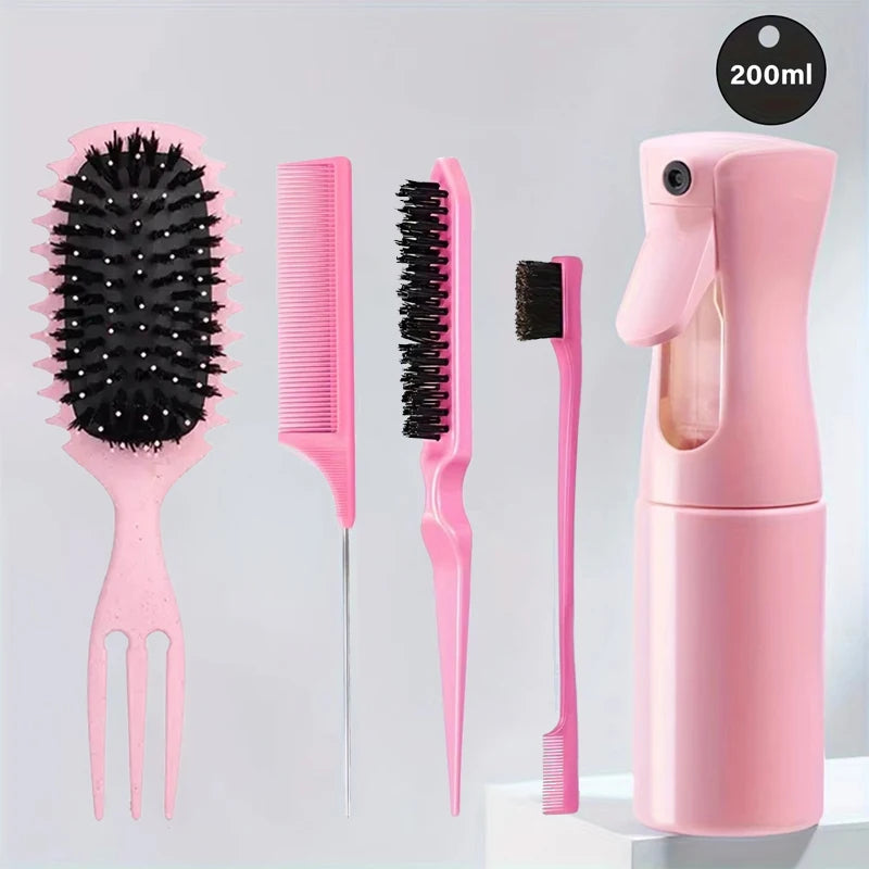5-pcs Detangling Styling Set: Spray Bottle 3-in-1 Roll Hair Comb Curved Rat Tail Comb Edge Control Brush Salon Hairdressing Tool