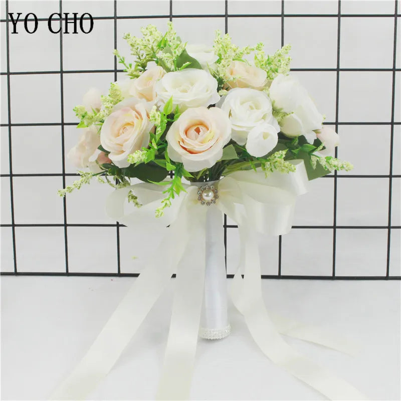 Bridal Bridesmaid Wedding Bouquet White Pink Champagne Artificial Rose Bride Holding Flowers Mariage Decor Wedding Accessories