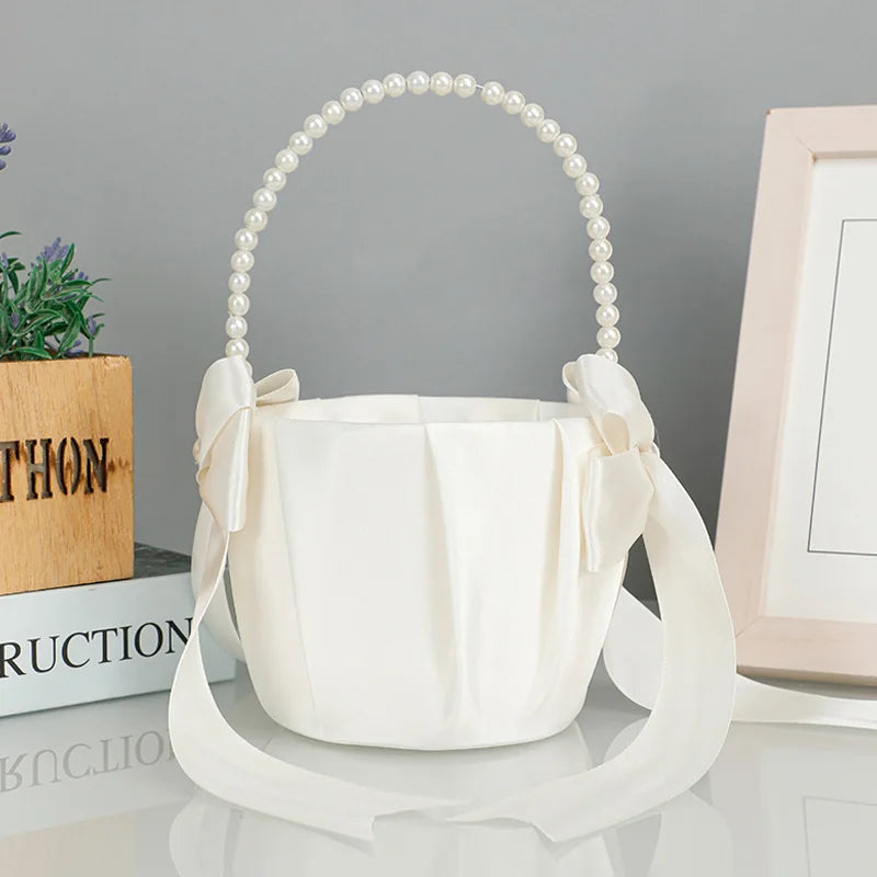 New Wedding Ivory Flower Baskets Ribbon Pearls Bow Knot Ring Pillow Cushion Bearer Bridal Party Supplies Gifts Home Decorations