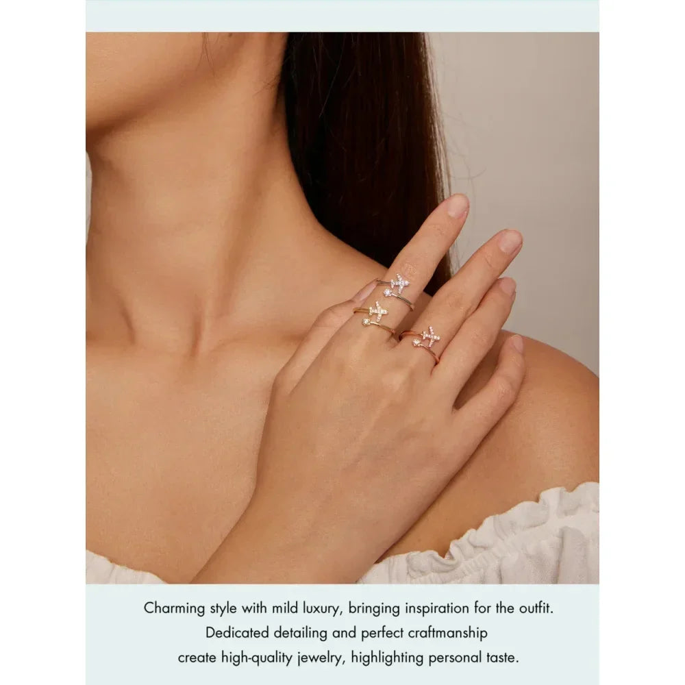 Genuine 925 Sterling Silver Flying Plane Open Adjustable Ring With Clear Cz - Fine Jewelry